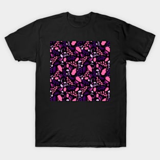 Pattern with colourful autumn leaves and flowers in neon pink and black background T-Shirt